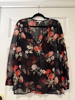 Joie Black Sheer Floral V-Neck Blouse with Coral and Cream Roses